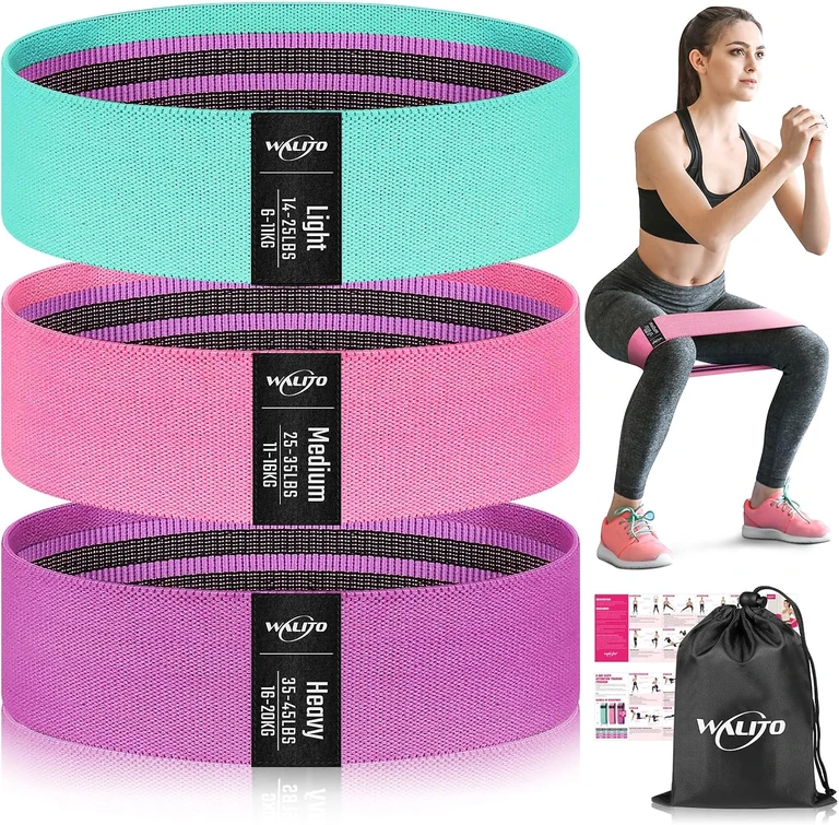 Three fabric resistance loops in aqua, pink and purple, with the carry bag and guide