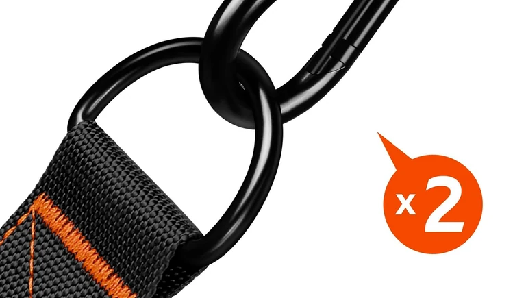 Clip and D-ring connection on the black and orange handle