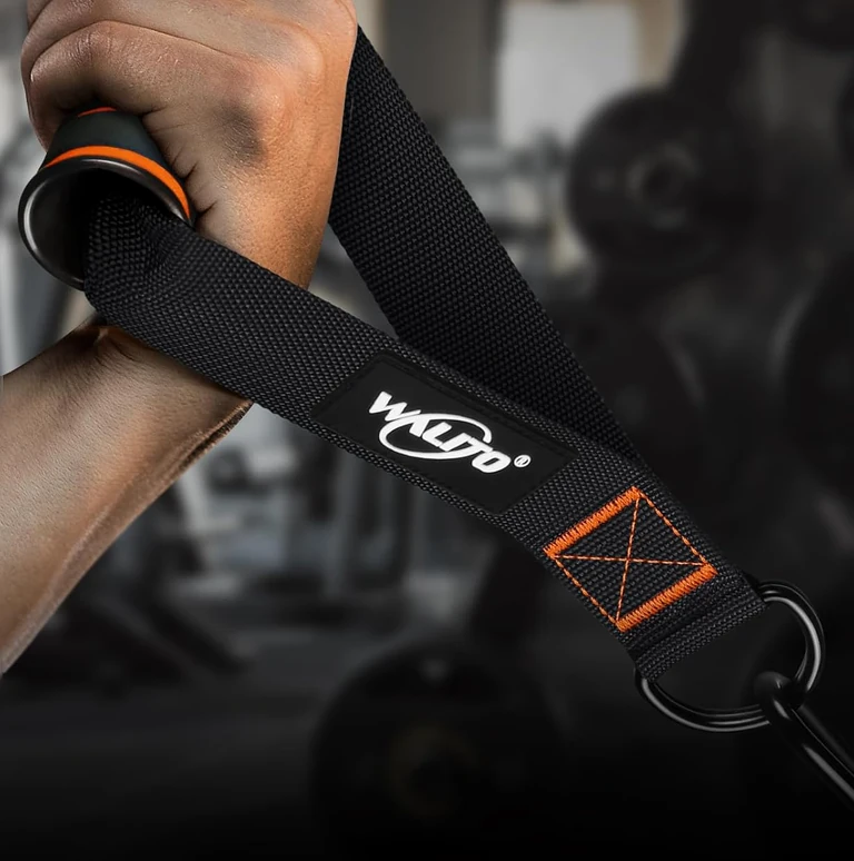 Black and orange handle held during a cable exercise