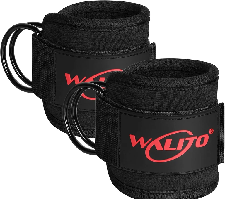 Pair of black padded ankle cuffs with steel D-rings