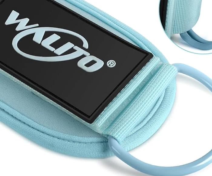 Close view of the macaron blue cuff padding and woven fastening strap