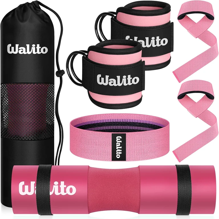 Pink barbell pad set with ankle cuffs, lifting straps, fabric loop and carry bag