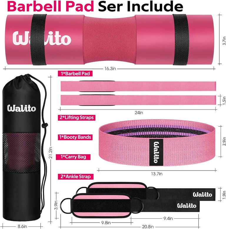 Named components and dimensions in the pink barbell pad set
