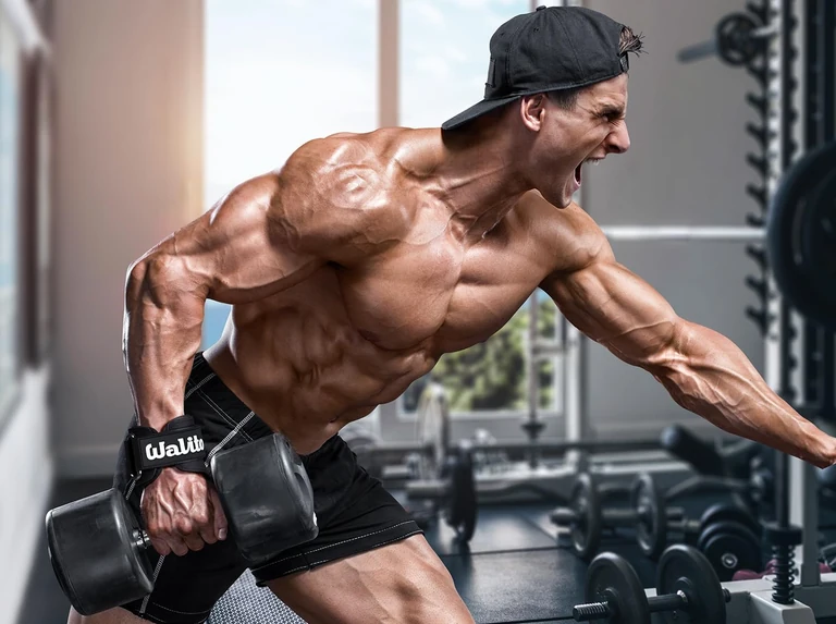 Leather lifting grip in use with a dumbbell