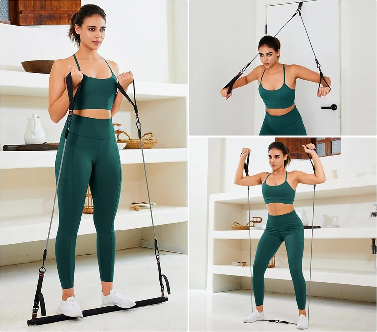 Different exercise arrangements using the Pilates bar kit