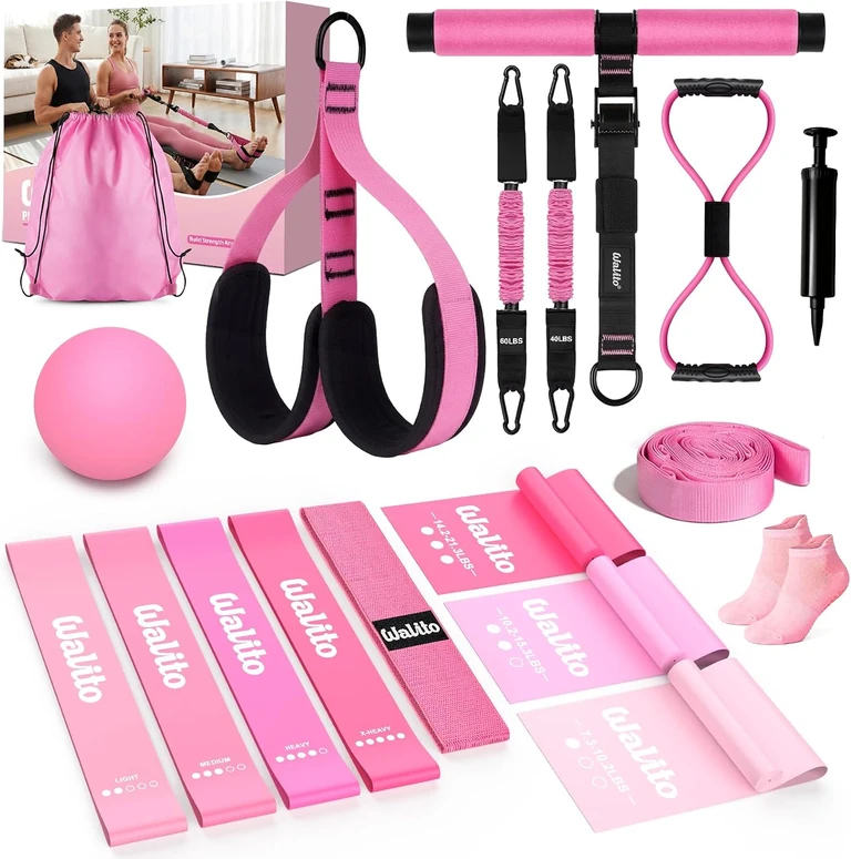 Pink pedal Pilates kit with handle, foot loops, bands, ball and accessories