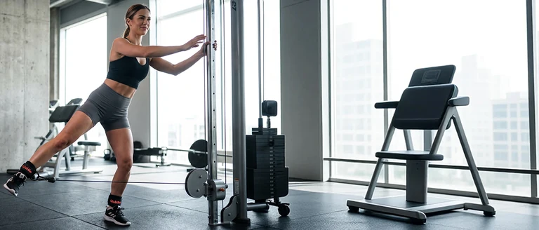 Cable ankle-strap training in a gym